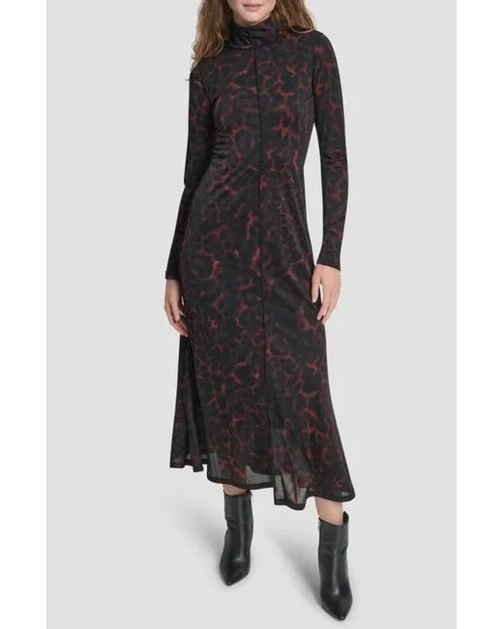 DKNY Women's Exposed Seam Printed Long Sleeves Dress Black Size L 3786